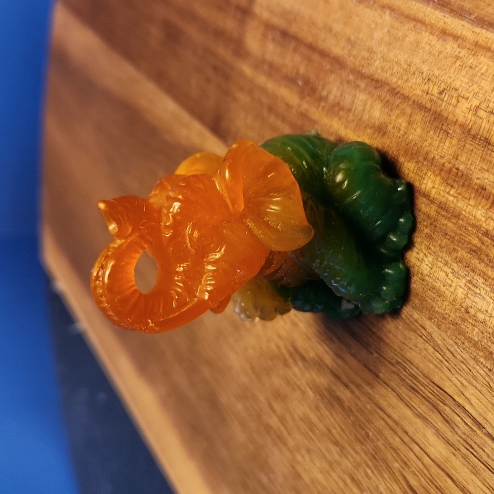 Elephant Trunk Up 2 1/2 in Green and Orange Resin  Good Luck